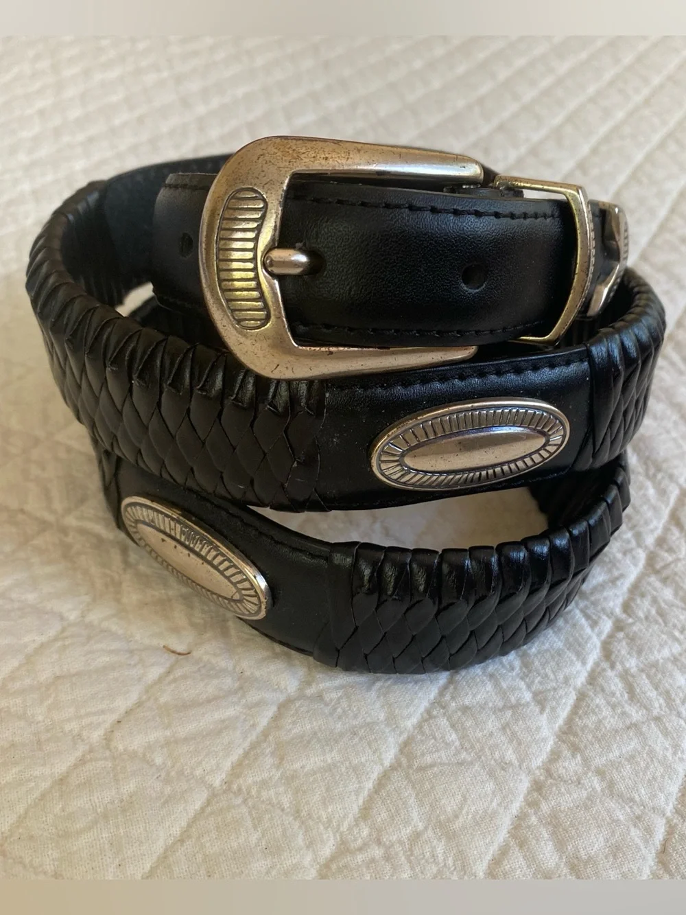 Western Boho Festival Black Braided Leather Belt with Silver Conchos Cowboy